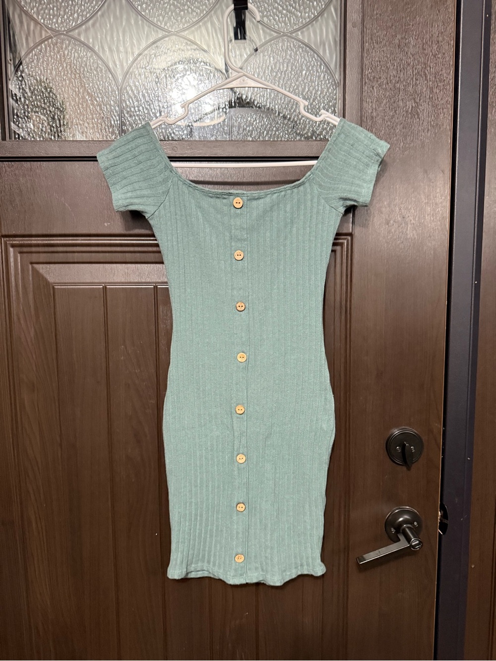 Windsor Sage Green Ribbed Off-Shoulder Button-Front Mini Dress - size S
